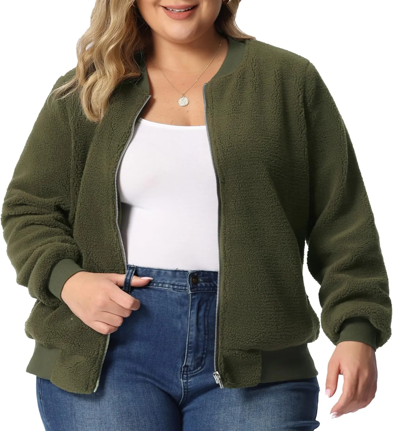 Agnes Orinda Plus Size Women Fleece Jacket Long Sleeve Faux Fuzzy Zip Up 2023 Coats Bomber Jackets