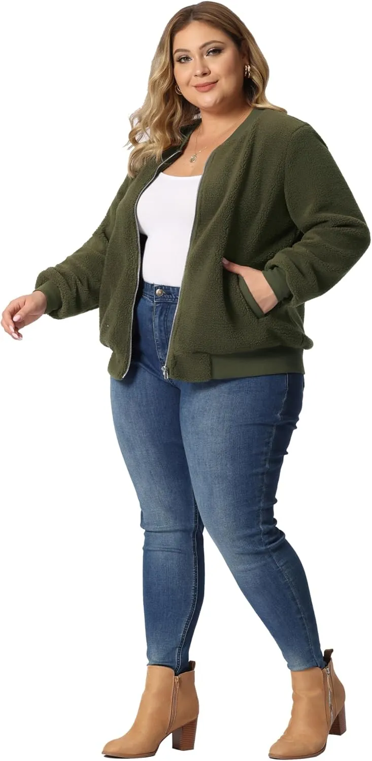 Agnes Orinda Plus Size Women Fleece Jacket Long Sleeve Faux Fuzzy Zip Up 2023 Coats Bomber Jackets