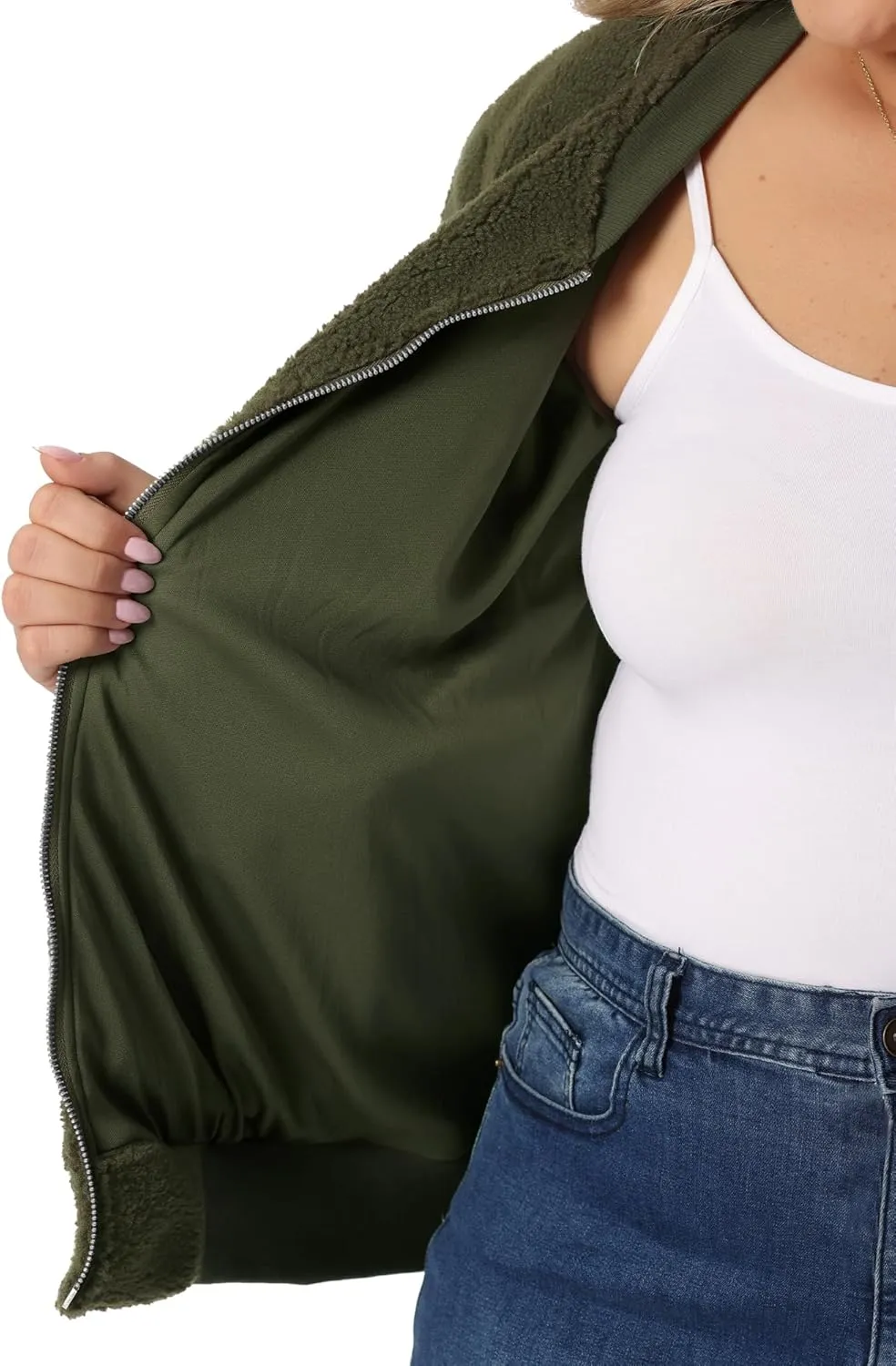 Agnes Orinda Plus Size Women Fleece Jacket Long Sleeve Faux Fuzzy Zip Up 2023 Coats Bomber Jackets