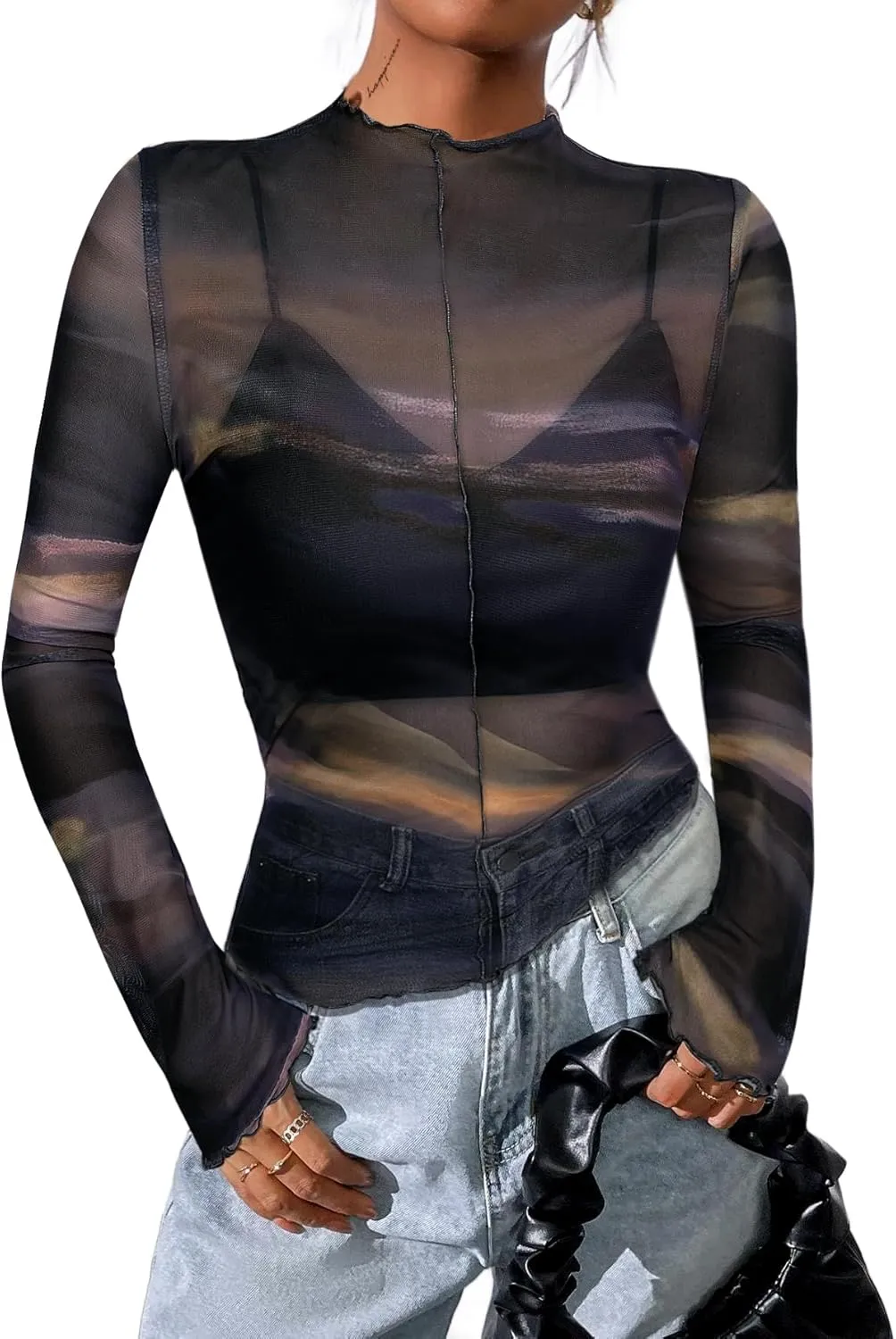 Avanova Women Mesh Sheer Asymmetrical Crop Top Sexy See Through Long Sleeve Shirt