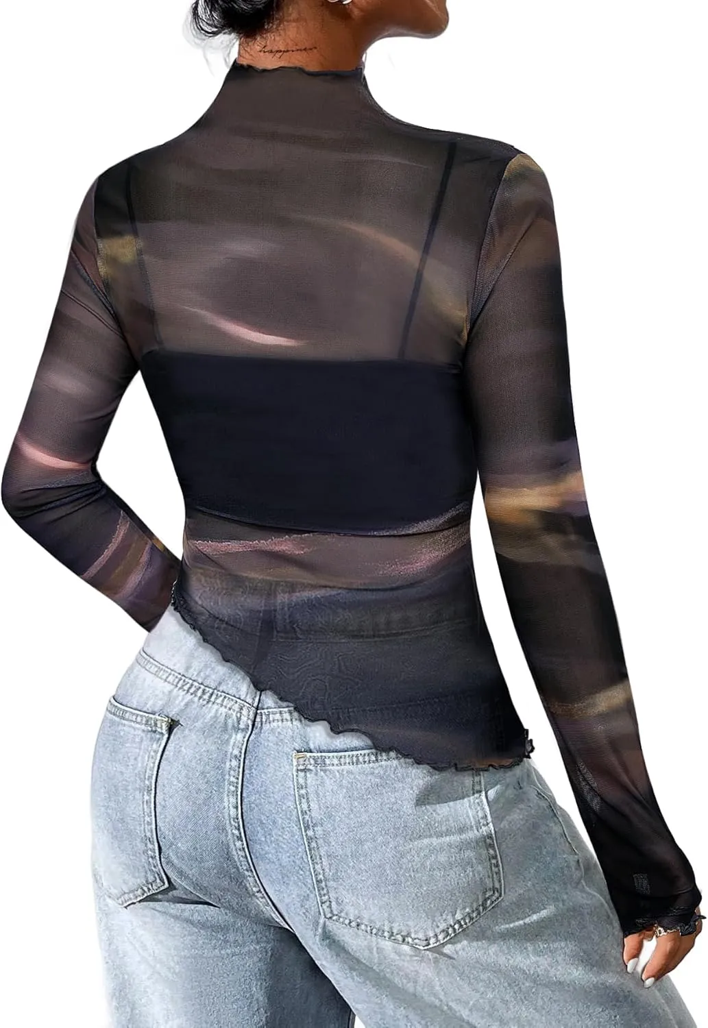 Avanova Women Mesh Sheer Asymmetrical Crop Top Sexy See Through Long Sleeve Shirt