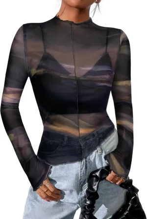 Avanova Women Mesh Sheer Asymmetrical Crop Top Sexy See Through Long Sleeve Shirt
