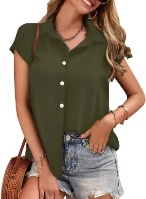 Bliwov Womens Summer Tops Solid Cap Sleeve Button Down Shirts Beach Vacation Clothes Turn-Down Collar Causal Regular Blouses