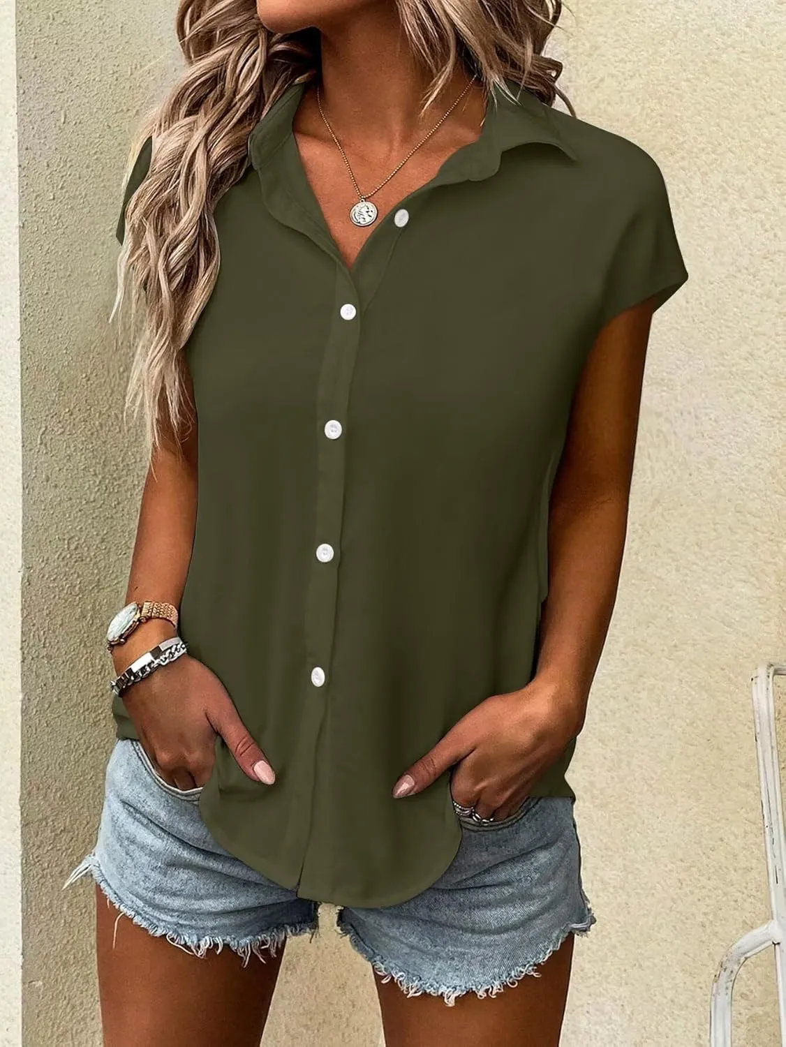 Bliwov Womens Summer Tops Solid Cap Sleeve Button Down Shirts Beach Vacation Clothes Turn-Down Collar Causal Regular Blouses