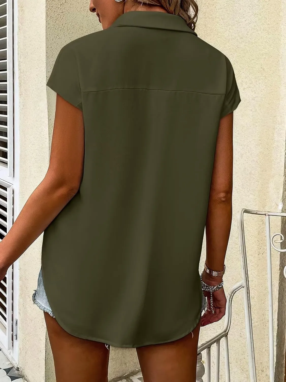 Bliwov Womens Summer Tops Solid Cap Sleeve Button Down Shirts Beach Vacation Clothes Turn-Down Collar Causal Regular Blouses