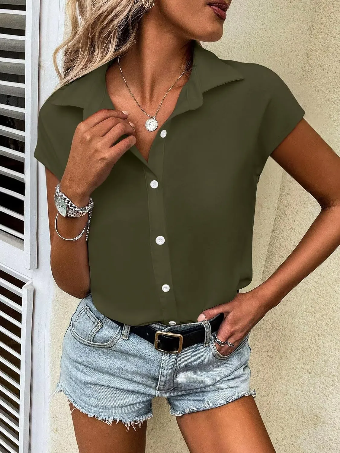 Bliwov Womens Summer Tops Solid Cap Sleeve Button Down Shirts Beach Vacation Clothes Turn-Down Collar Causal Regular Blouses