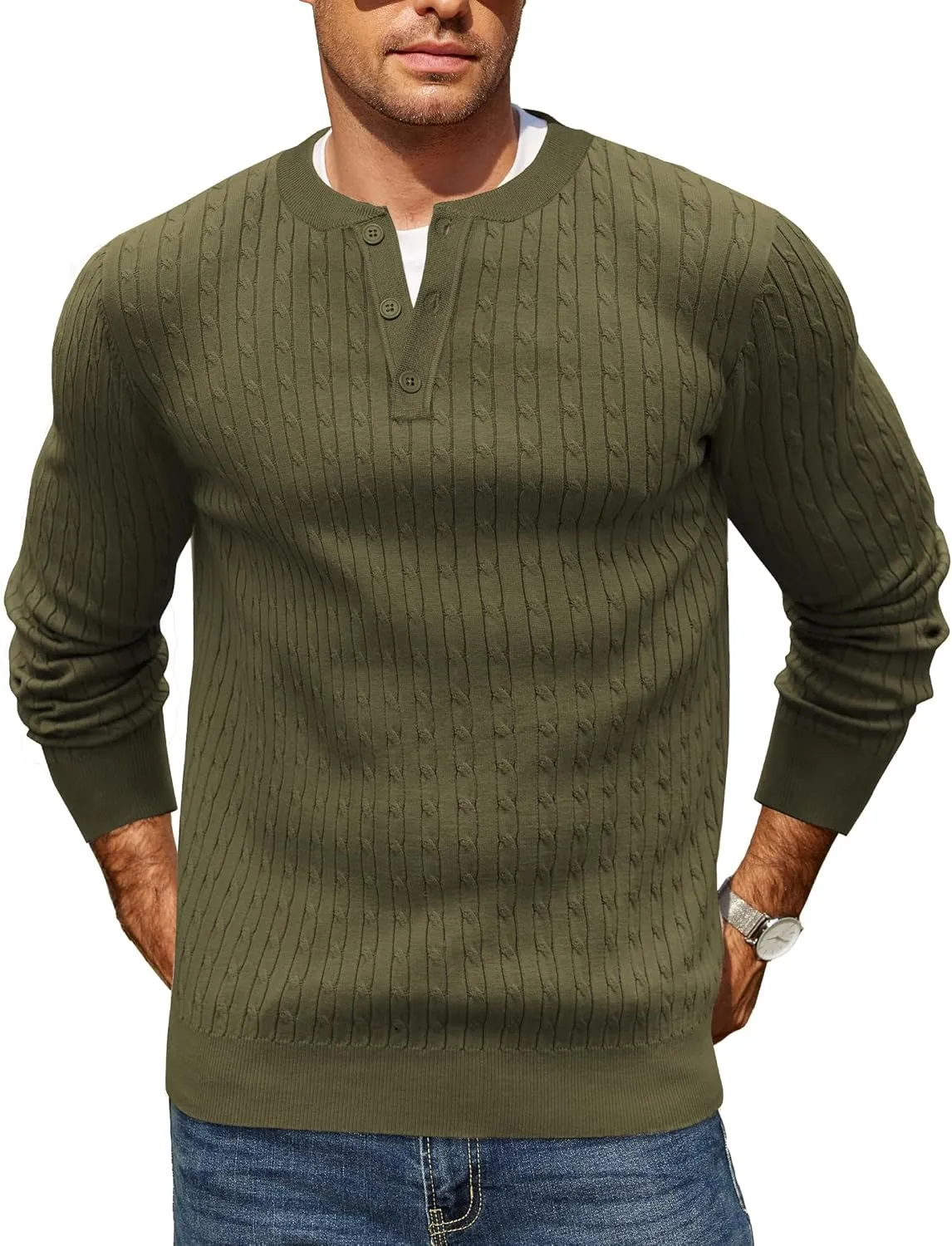 COOFANDY Men's Knit Henley Sweater Long Sleeve Button Down Fall Sweaters and Pullovers