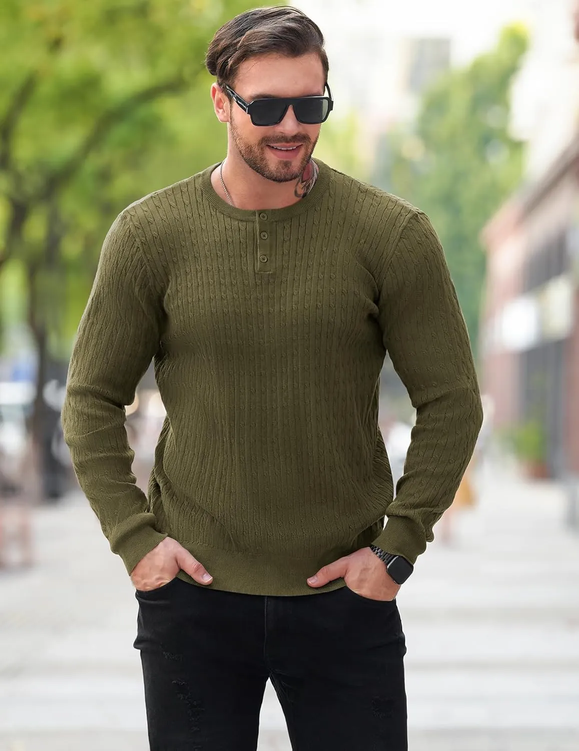 COOFANDY Men's Knit Henley Sweater Long Sleeve Button Down Fall Sweaters and Pullovers