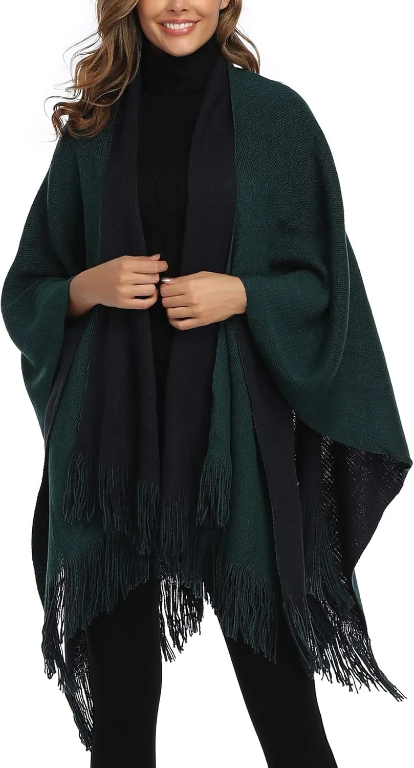 Epsion Women's Color Block Shawl Wrap Plus Size Cardigan Poncho Cape Open Front Long Winter Sweater Coat