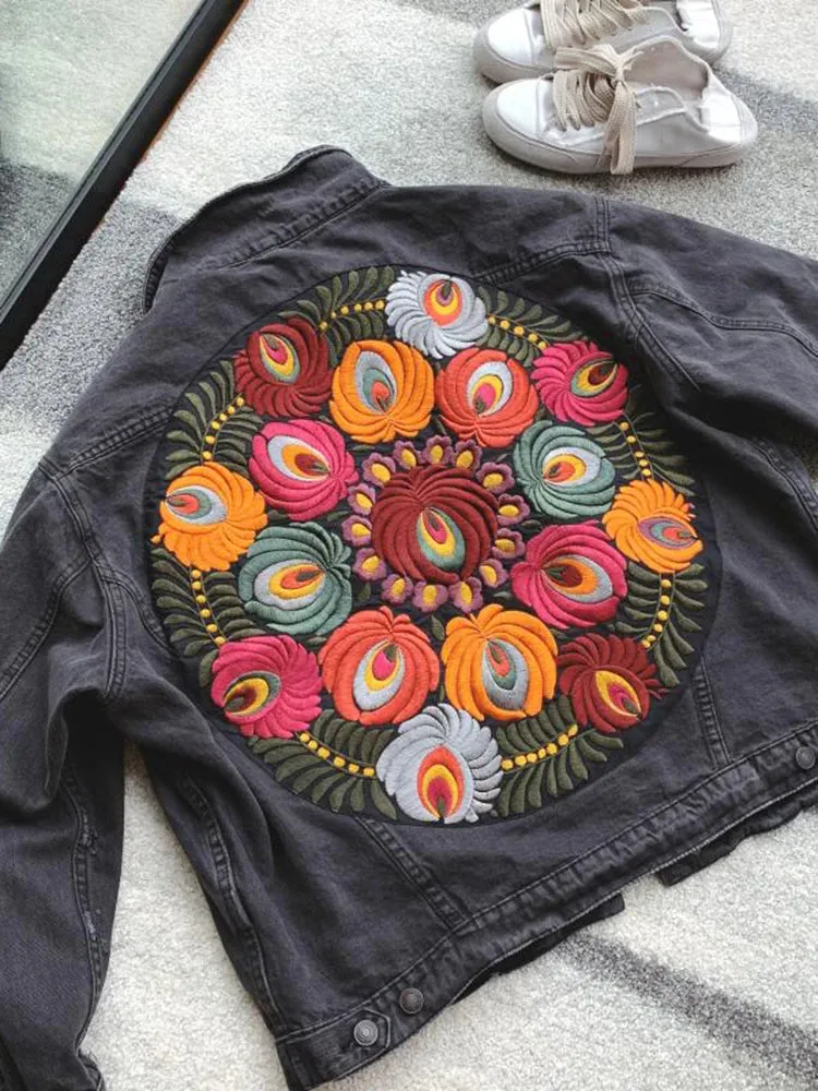 Floral Embroidered Patch on Back Denim Oversized Jacket