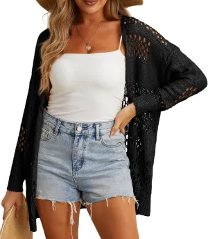 GRECERELLE 2025 Women Summer Crochet Boho Long Sleeve Lightweight Oversized Open Front Cardigan Sweaters Kimonos Tops