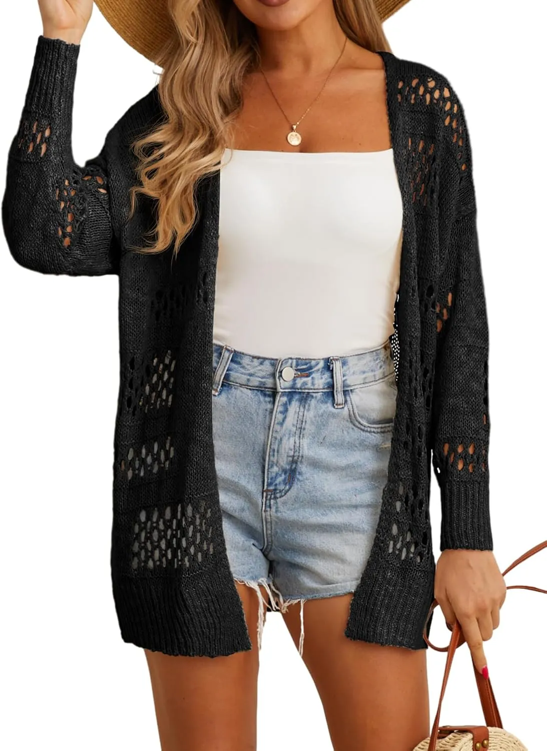GRECERELLE 2025 Women Summer Crochet Boho Long Sleeve Lightweight Oversized Open Front Cardigan Sweaters Kimonos Tops