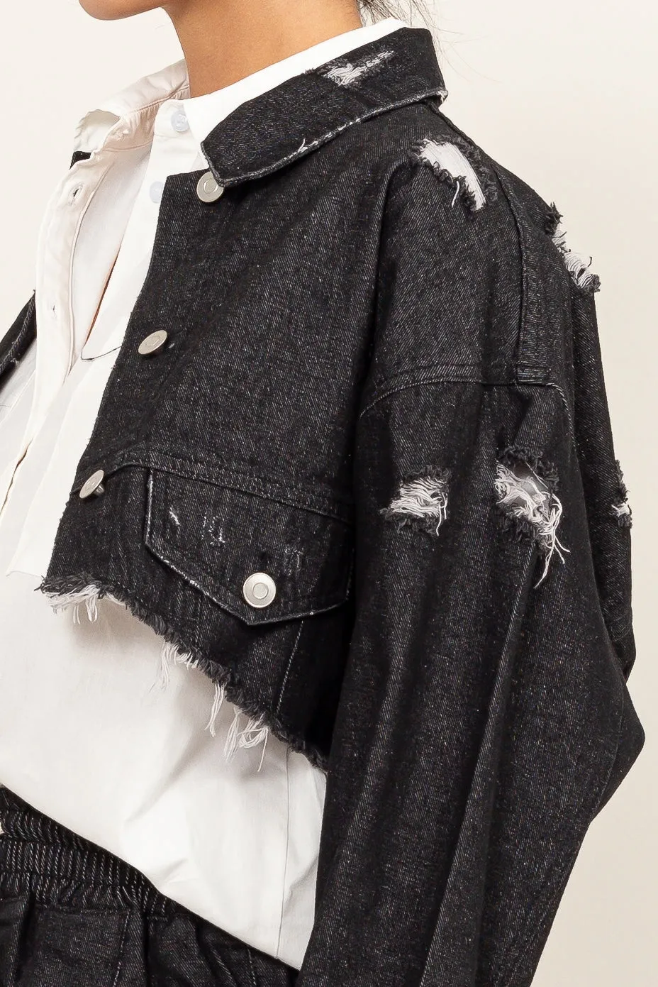 HF24C973-Asymmetrical Distressed Denim Jacket