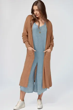 Khaki Open Front Sweater  Long Sleeve Longline Slit Cardigan