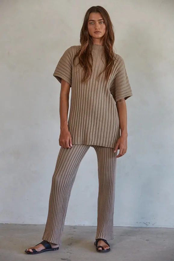 Knit Sweater Cotton Ribbed Pullover Ivory Mocha
