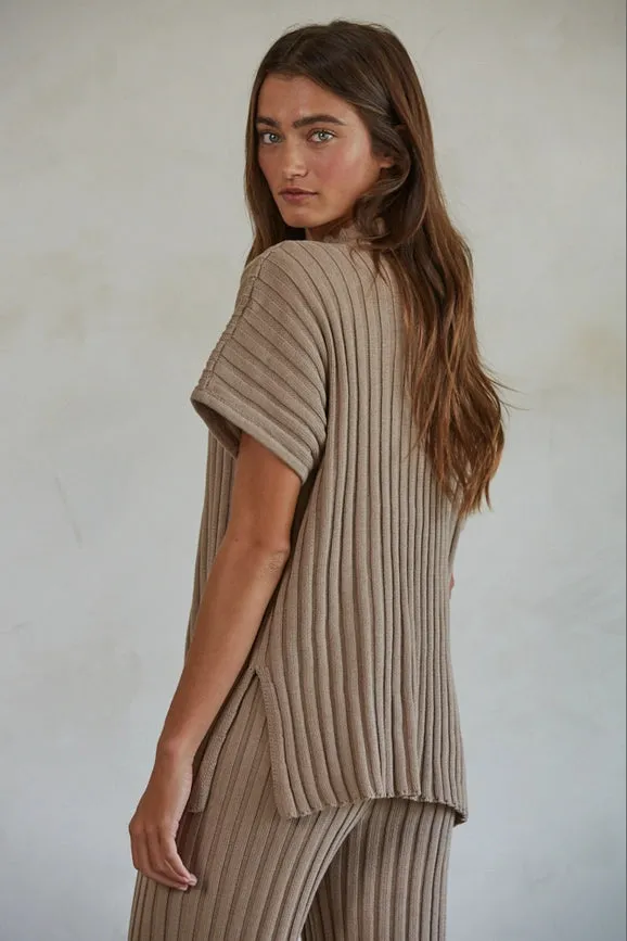 Knit Sweater Cotton Ribbed Pullover Ivory Mocha