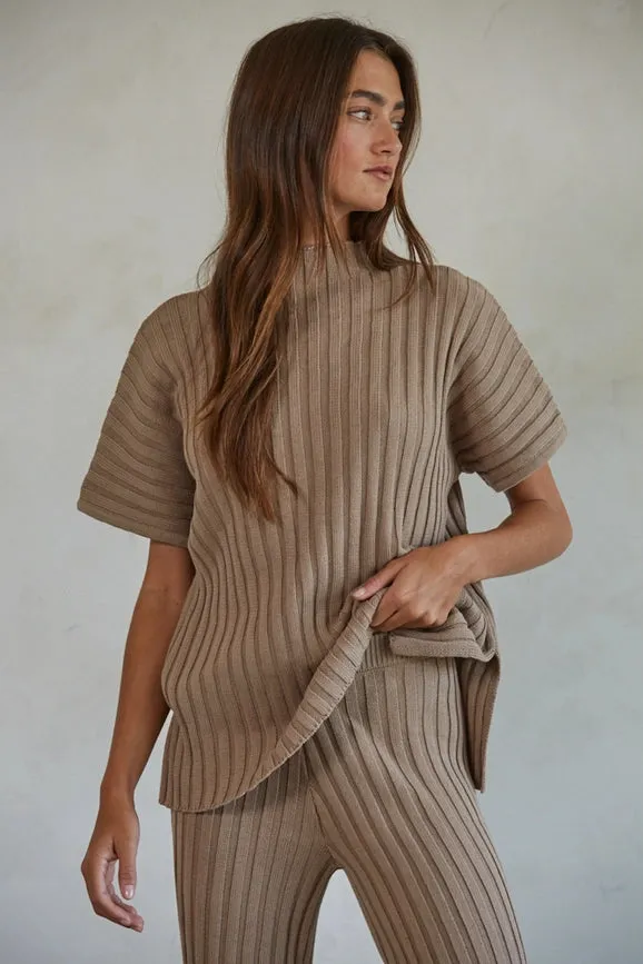 Knit Sweater Cotton Ribbed Pullover Ivory Mocha