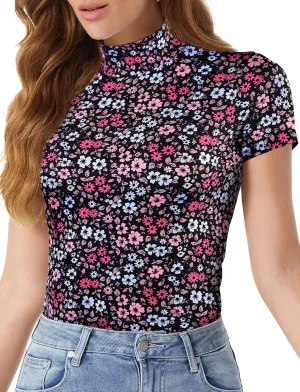 Mock Turtleneck Short Sleeve Tops for Women, Mock Neck Fitted T-Shirt Flowey Print Baselayer Office Tee