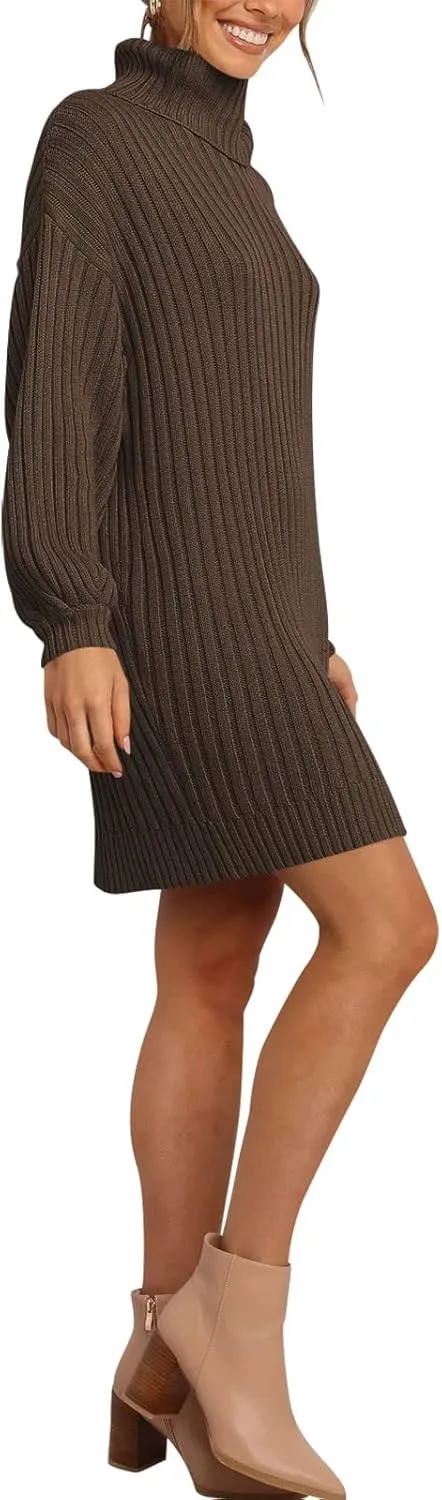 Prinbara Women Turtleneck Long Lantern Sleeve Casual Loose Oversized Sweater Dress Soft Winter Pullover Dresses