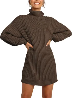 Prinbara Women Turtleneck Long Lantern Sleeve Casual Loose Oversized Sweater Dress Soft Winter Pullover Dresses