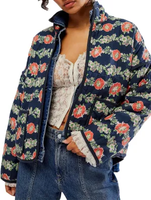 Quilted Jacket for Women Cropped Lightweight Cardigan Floral Print Quilted Puffy Jackets Long Sleeve with Pocket
