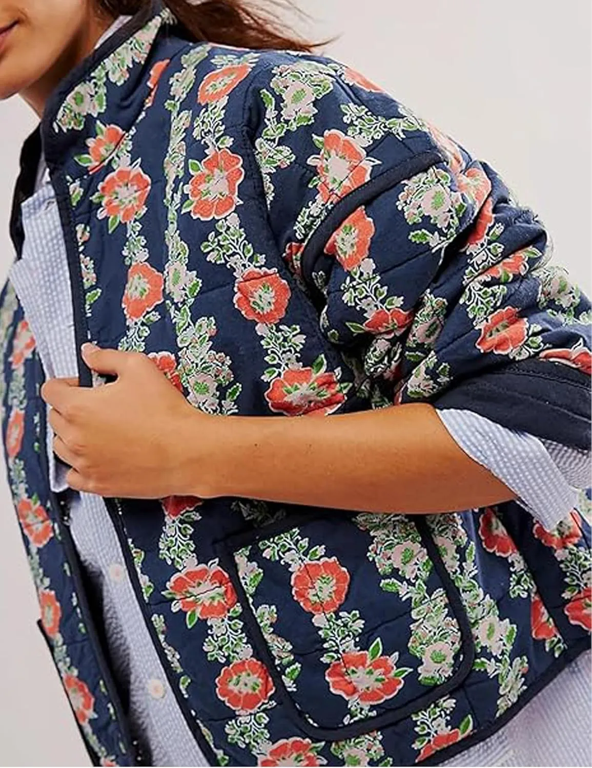 Quilted Jacket for Women Cropped Lightweight Cardigan Floral Print Quilted Puffy Jackets Long Sleeve with Pocket