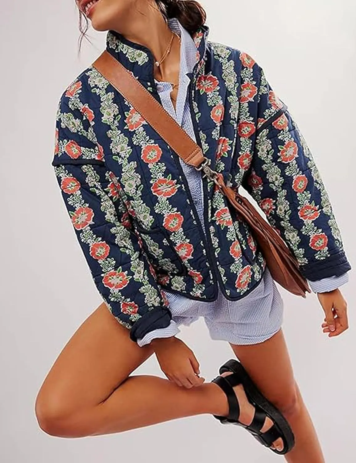 Quilted Jacket for Women Cropped Lightweight Cardigan Floral Print Quilted Puffy Jackets Long Sleeve with Pocket