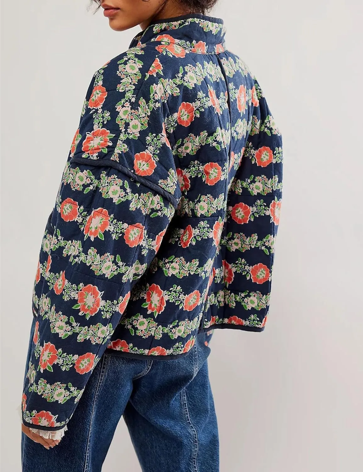Quilted Jacket for Women Cropped Lightweight Cardigan Floral Print Quilted Puffy Jackets Long Sleeve with Pocket