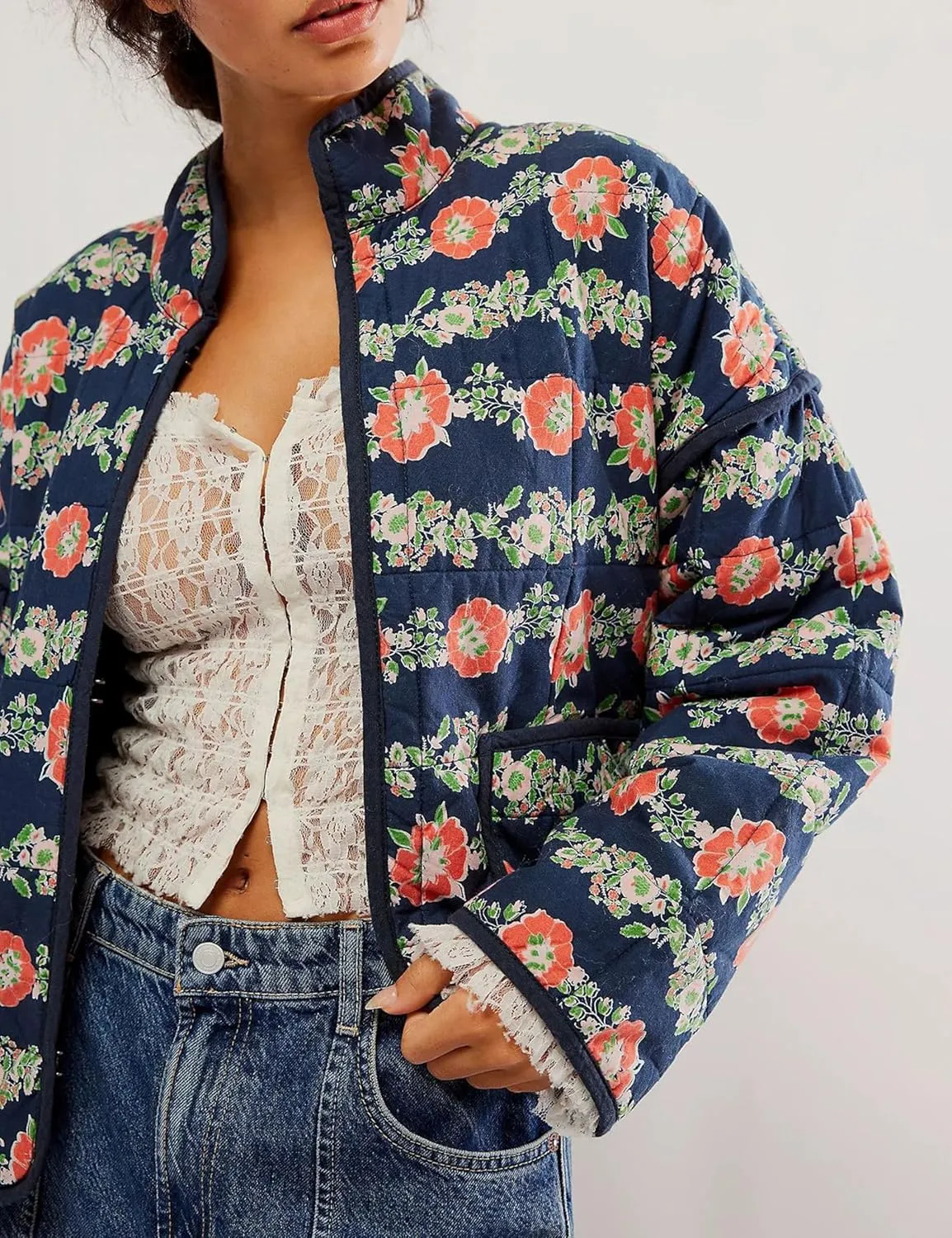 Quilted Jacket for Women Cropped Lightweight Cardigan Floral Print Quilted Puffy Jackets Long Sleeve with Pocket