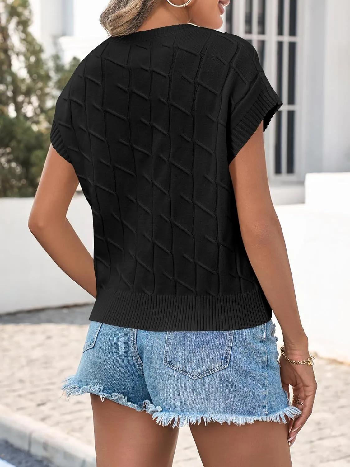 Saodimallsu Womens Cap Sleeve Sweater Tops Cable Knit Crew Neck Summer Lightweight Oversized Loose Vest Top
