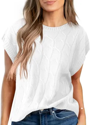 Saodimallsu Womens Cap Sleeve Sweater Tops Cable Knit Crew Neck Summer Lightweight Oversized Loose Vest Top