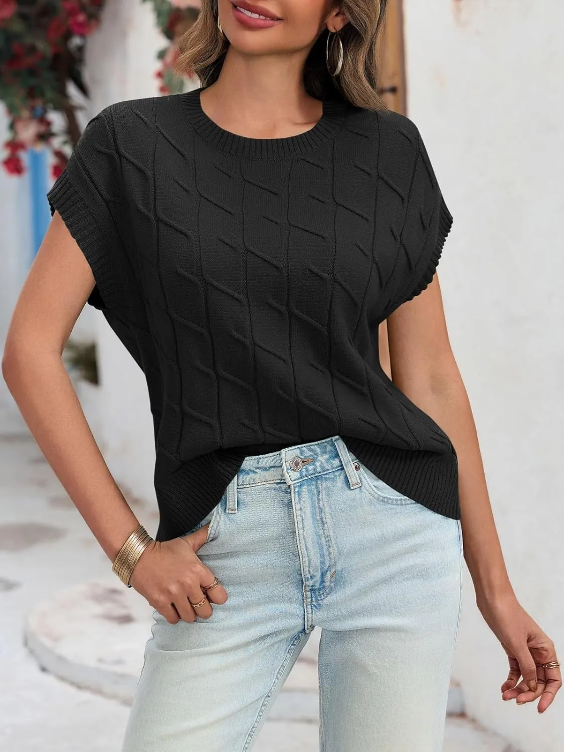Saodimallsu Womens Cap Sleeve Sweater Tops Cable Knit Crew Neck Summer Lightweight Oversized Loose Vest Top
