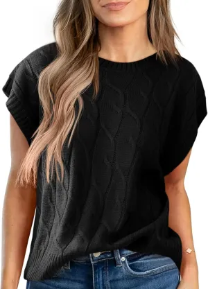 Saodimallsu Womens Cap Sleeve Sweater Tops Cable Knit Crew Neck Summer Lightweight Oversized Loose Vest Top