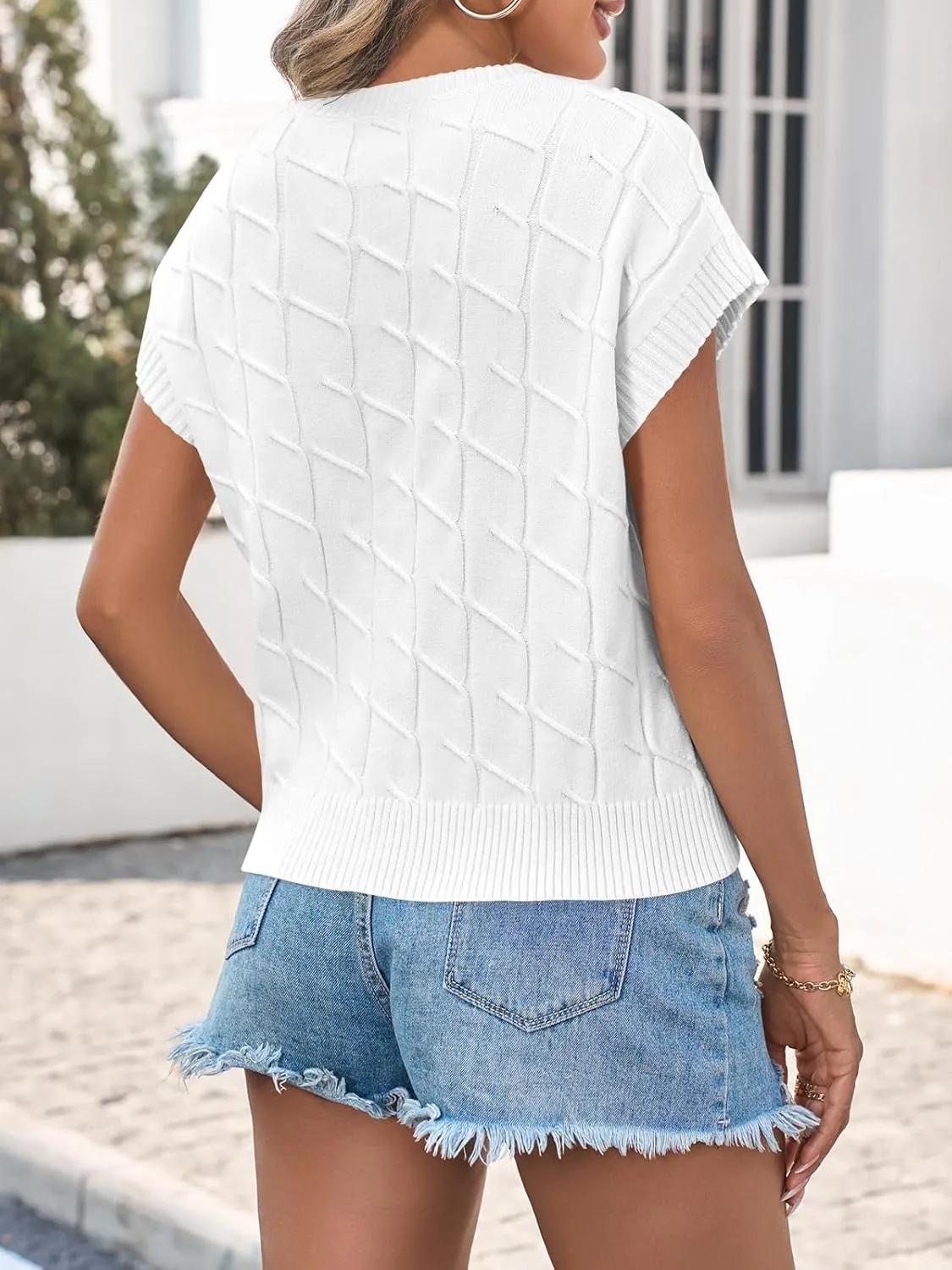 Saodimallsu Womens Cap Sleeve Sweater Tops Cable Knit Crew Neck Summer Lightweight Oversized Loose Vest Top