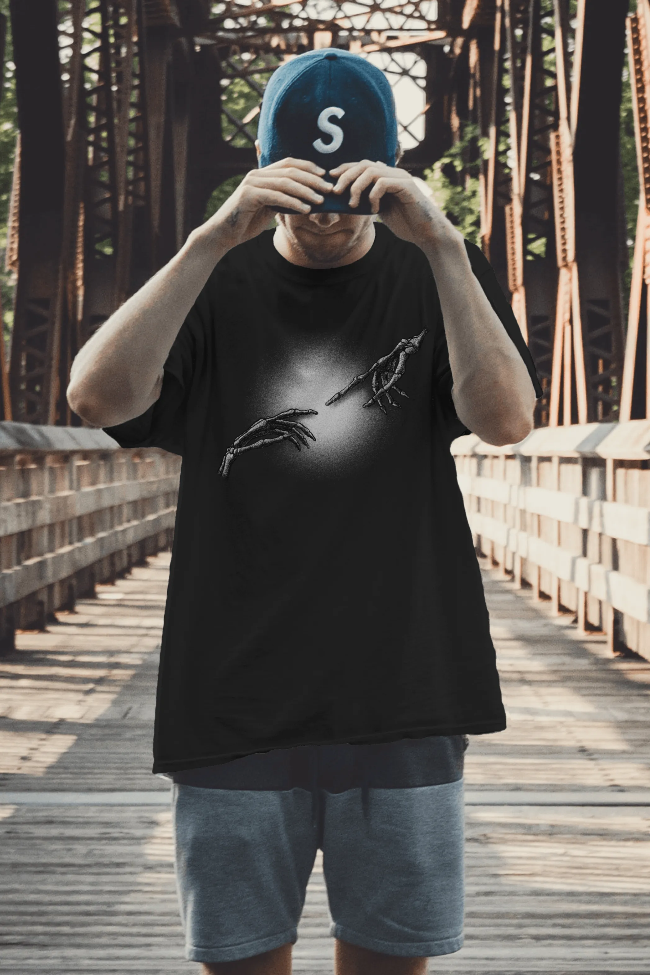 The Creation Of Adam Skeleto Black Printed Oversized T-shirt for Men