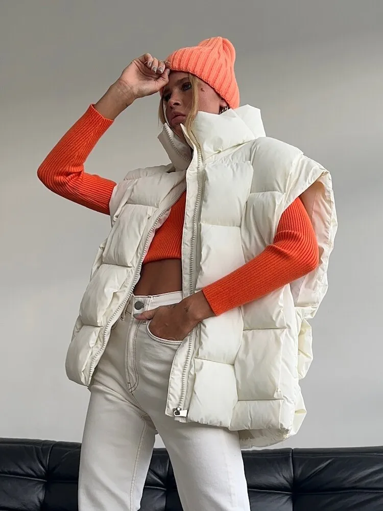 Winter Down Jacket Vest  Casual Green Oversize Plaid Parkas Fashion Puffer Coat Stand Collar Cotton Padded Female Outwear