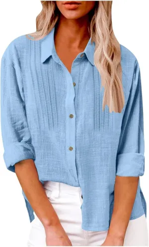 Womens Cotton Linen Button Down Shirt Long Sleeve V Neck Lapel Blouses 2025 Solid Color Elegant Pleated Tunic Tops