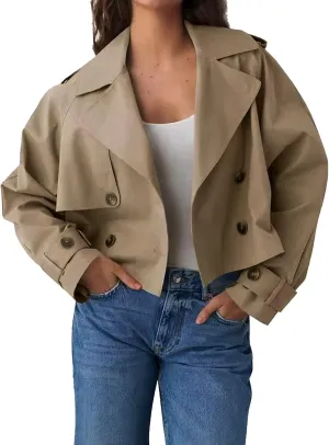 Womens Cropped Trench Coat Lapel Double Breasted Short Jacket Outwear with Pockets