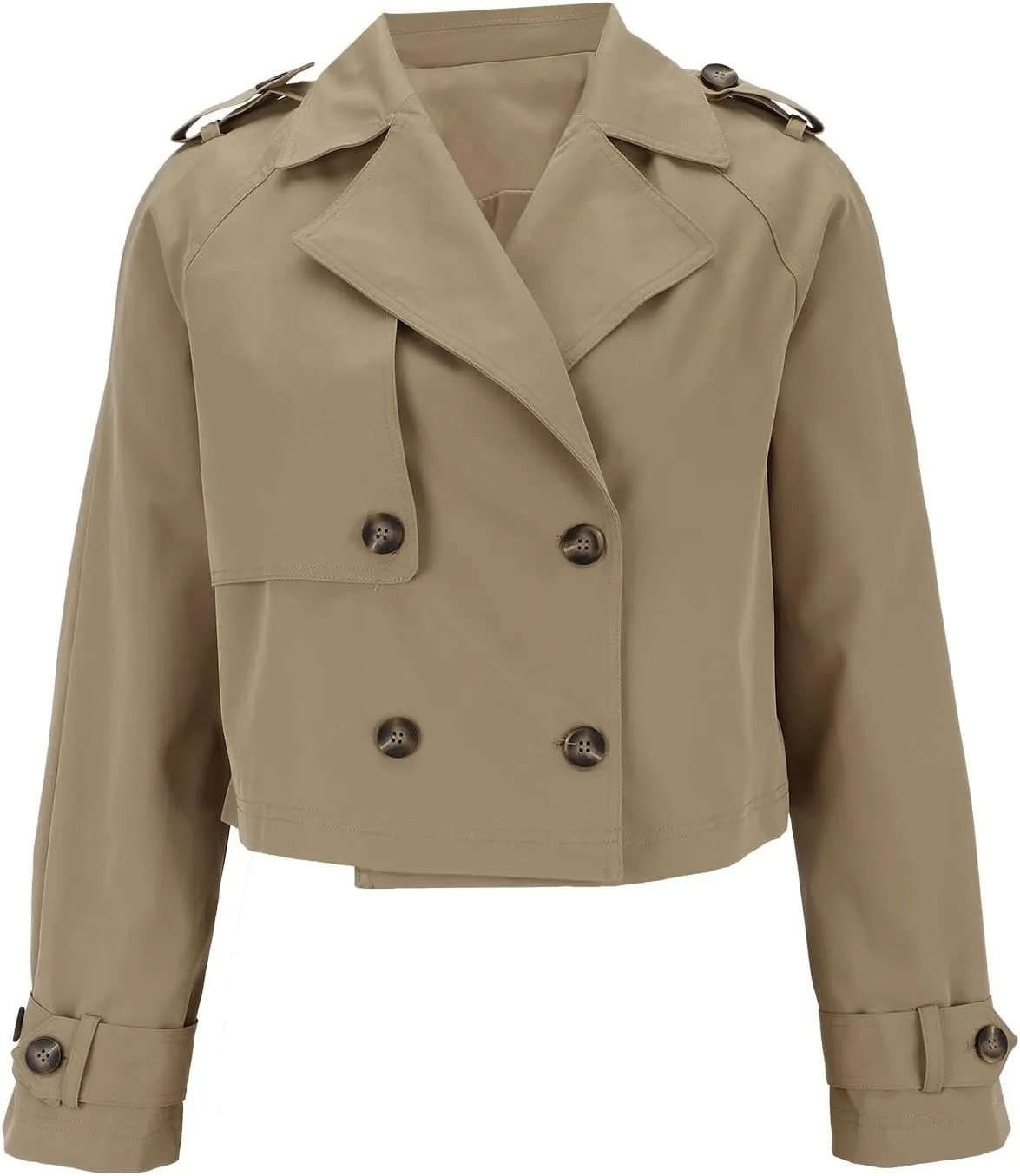 Womens Cropped Trench Coat Lapel Double Breasted Short Jacket Outwear with Pockets